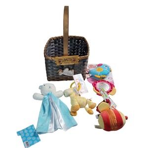 Gund Bright Starts Baby Gift Set 4 Infant Toys Blue Yellow New with Basket